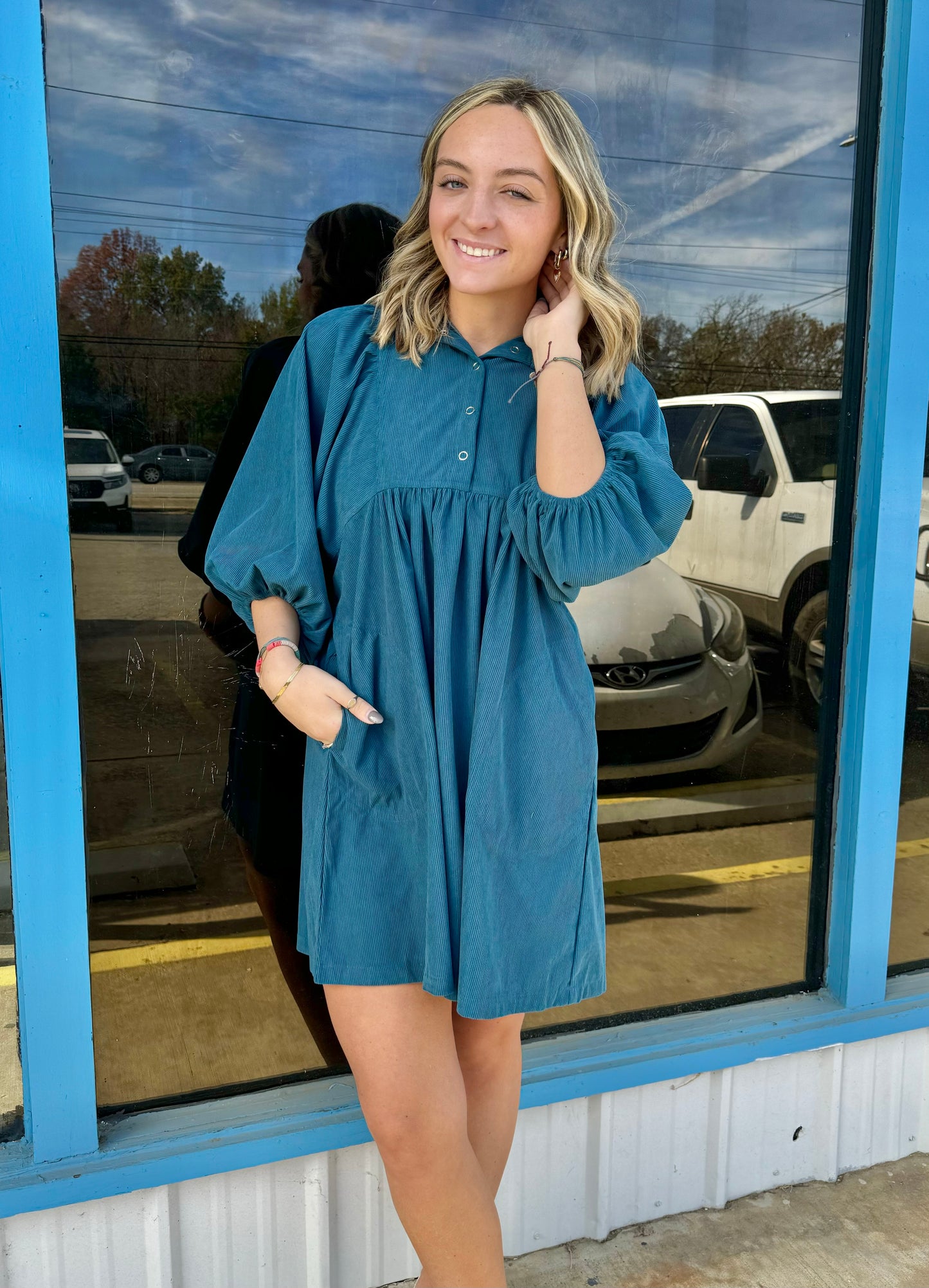 Blue Corduroy Buttoned Dress