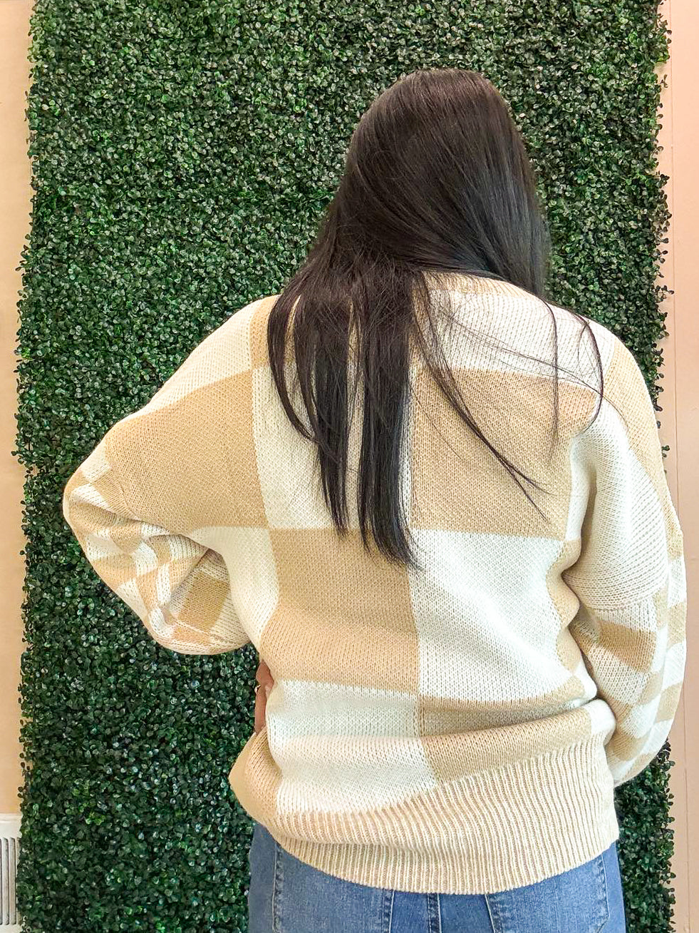 Tan Checkered Knitted Sweater