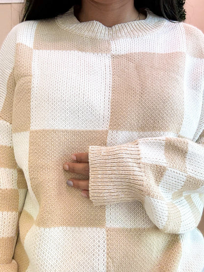 Tan Checkered Knitted Sweater